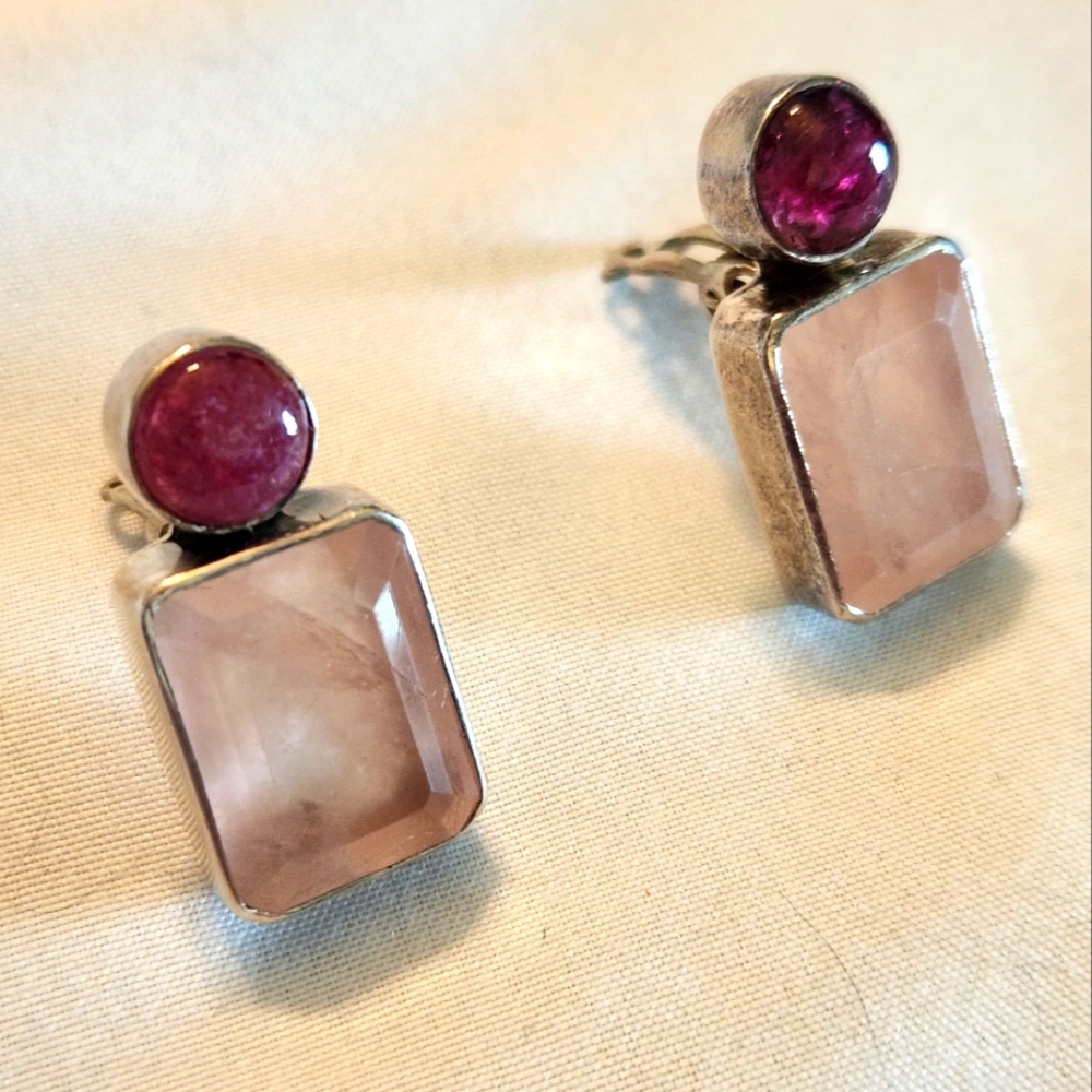Jane Diaz Rose Quarts And Pink Amethyst Sterling Silver Clip Earrings